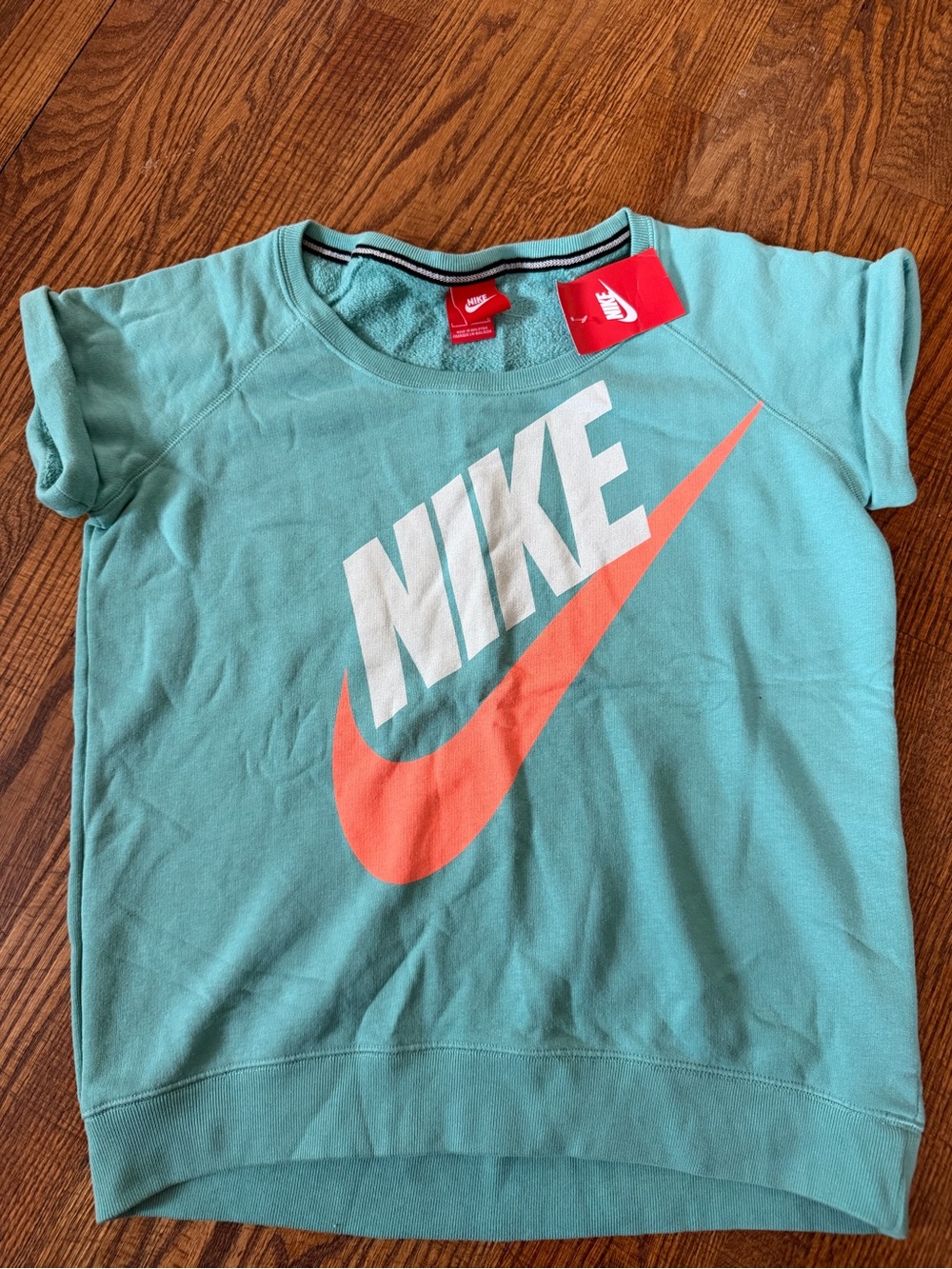 Nike women’s Short Sleeve Sweatshirt - Teal with Coral Swoosh